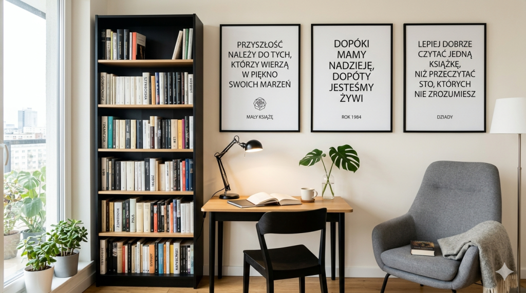 Obraz przedstawia minimalistyczny i harmonijny kącik czytelniczy